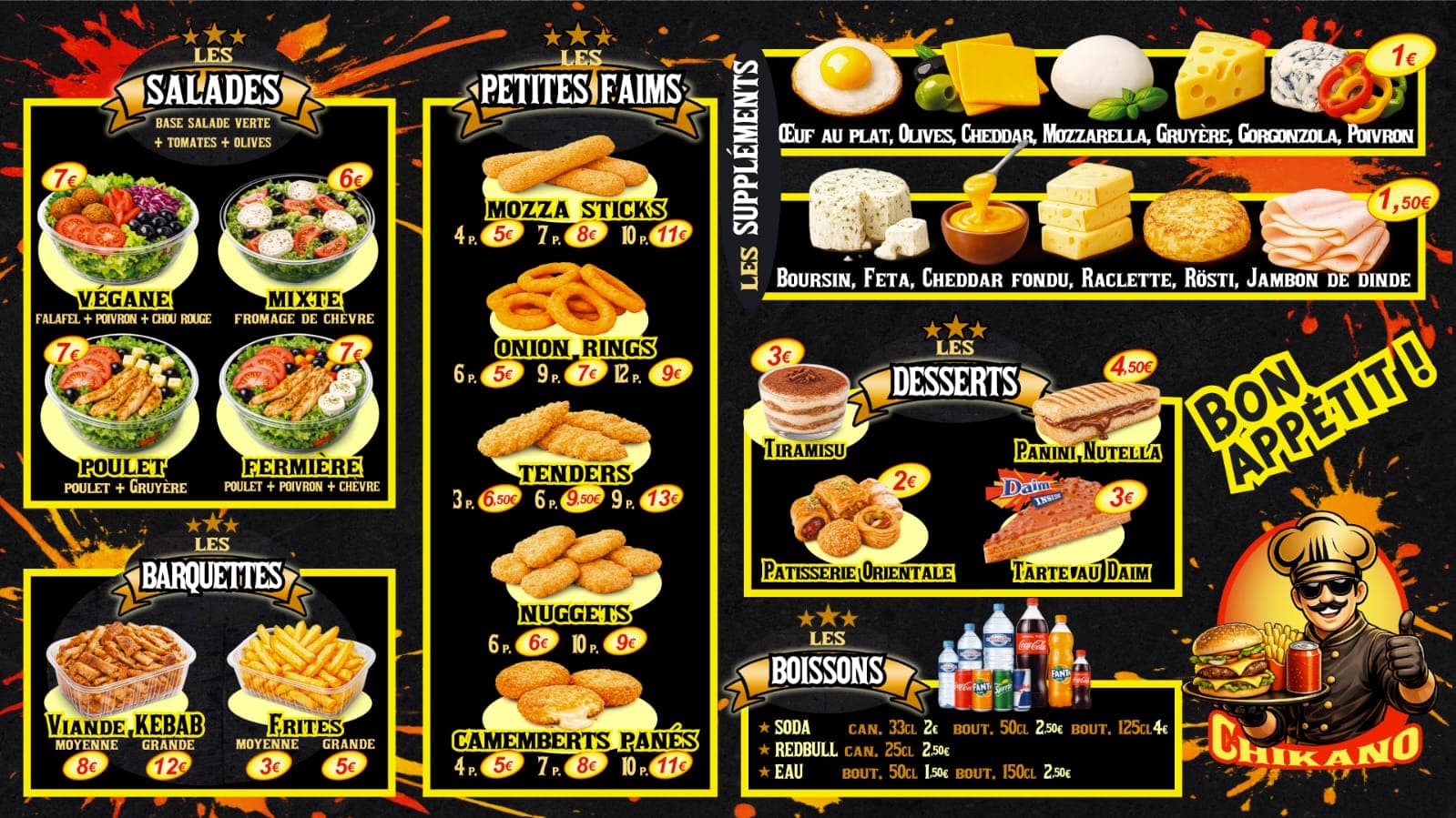 Menu Chikano : Salades, snacks & desserts